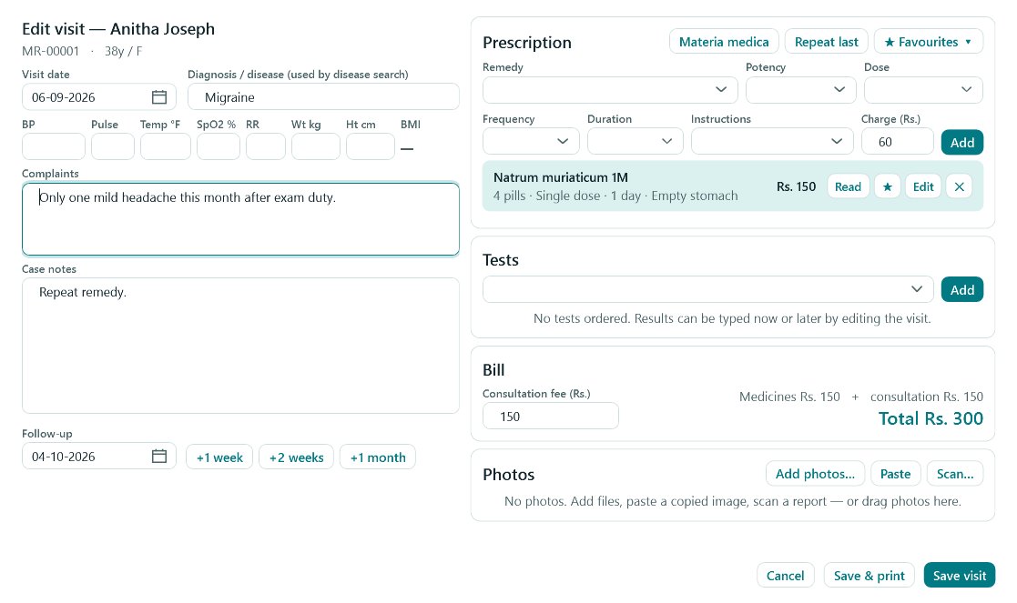 Visit screen with prescription and bill